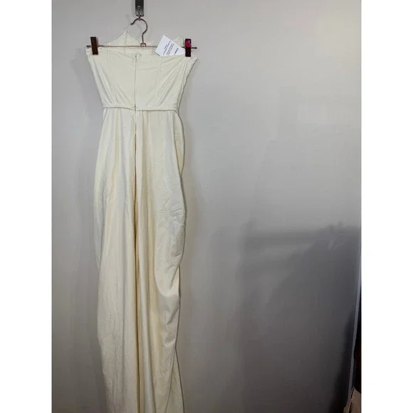 Cream Ruched Draped Strapless Gown Elegant Evening Formal Dress